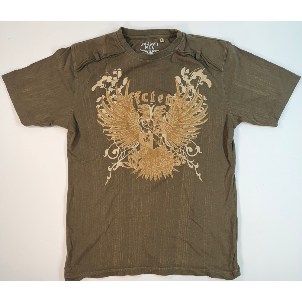 Franky Max Mens Graphic T-Shirt Large Brown Eagle Crest Y2K MMA Style Slub Tee